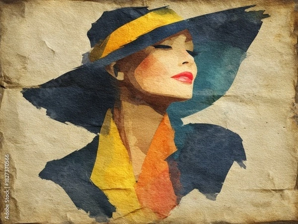 Obraz Abstract watercolor portrait of mature woman with hat in turquoise and coral tones, blended ocean wave elements on textured paper