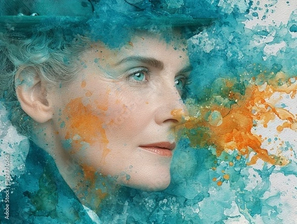 Fototapeta Abstract watercolor portrait of mature woman with hat in turquoise and coral tones, blended ocean wave elements on textured paper