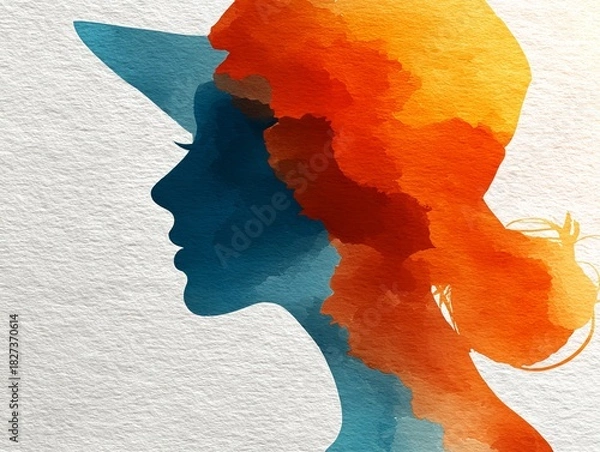 Obraz Abstract watercolor portrait of mature woman with hat in turquoise and coral tones, blended ocean wave elements on textured paper