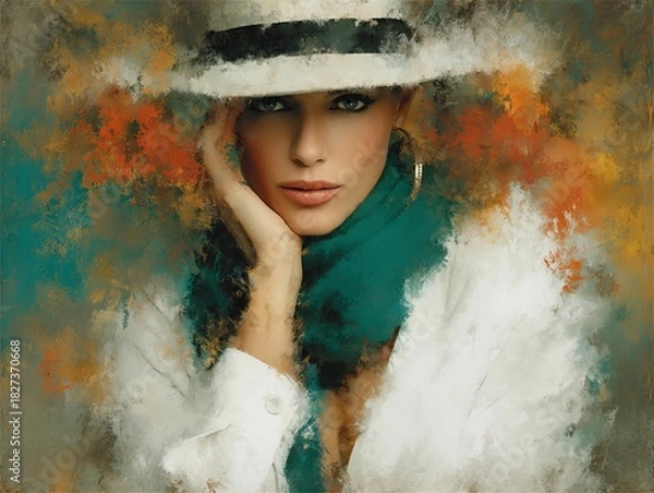 Obraz Abstract watercolor portrait of mature woman with hat in turquoise and coral tones, blended ocean wave elements on textured paper