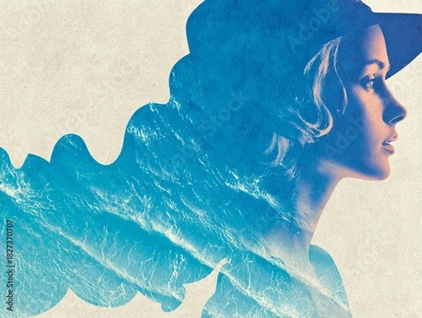 Obraz Abstract watercolor portrait of mature woman with hat in turquoise and coral tones, blended ocean wave elements on textured paper