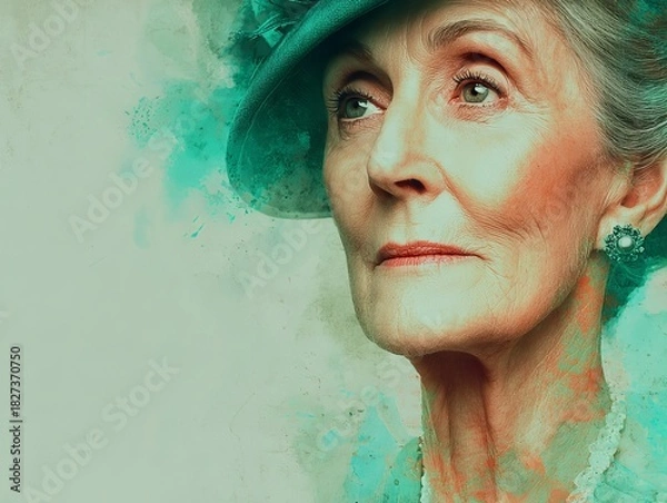Obraz Abstract watercolor portrait of mature woman with hat in turquoise and coral tones, blended ocean wave elements on textured paper