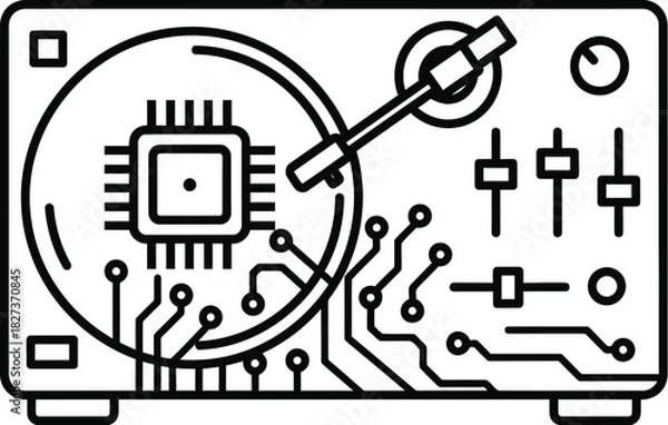 Obraz A modern technological turntable featuring an integrated circuit board and microchip, symbolizing the fusion of music and digital innovation