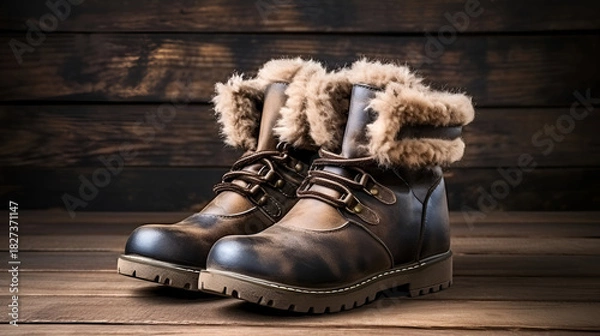 Obraz  winter shoes standing proudly in fresh snow, embodying style and functionality in the snowy landscape.a pair of winter boots with snow falling in the background
