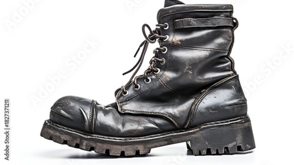Obraz Old army bootsOne Black Dirty army boot isolated on white backgroundBoot low light with back and white photo


