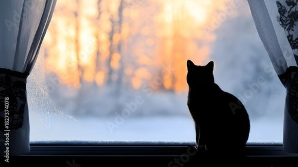 Obraz Cat Silhouette on a Frosty Window