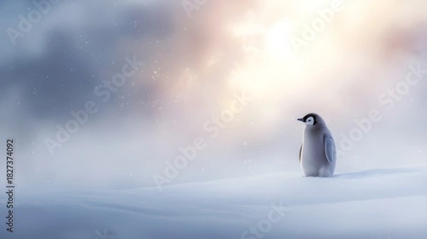 Obraz Small Penguin Facing the Sun in a Gentle Snowstorm