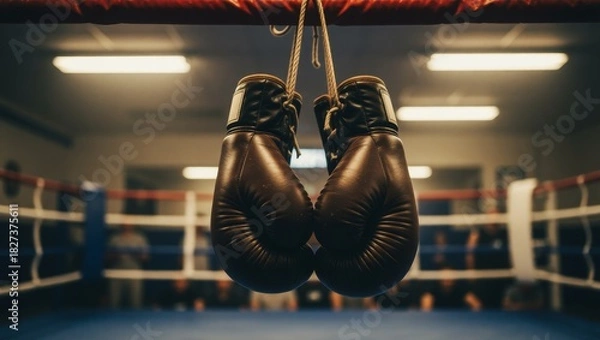 Obraz Boxing gloves hanging from ring ropes