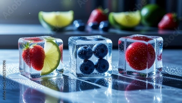 Obraz Fruit in ice cubes on reflective surface