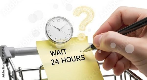 Fototapeta Hand writing ?Wait 24 Hours? note on sticky pad beside shopping cart, surreal floating clock and question mark