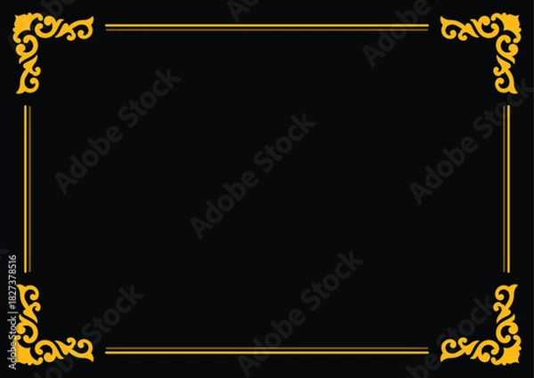 Obraz Elegant gold ornament frame corners on a plain black background, creating a classic and sophisticated border for text or images, suitable for invitations, certificates, or decorative framing