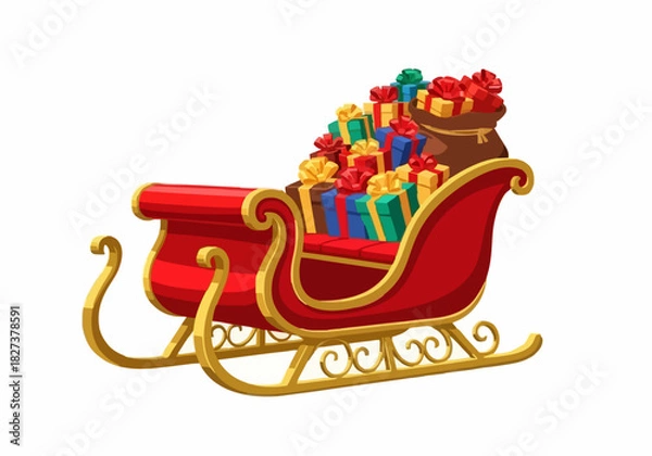 Fototapeta Christmas sleigh loaded with presents vector illustration isolated on white background holiday shopping delivery concept
