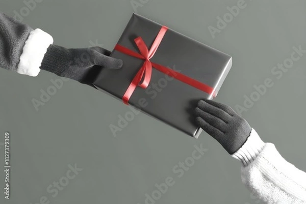 Fototapeta Elegant gift box with red ribbon being exchanged between two people in a festive moment of sharing and celebration during the holidays