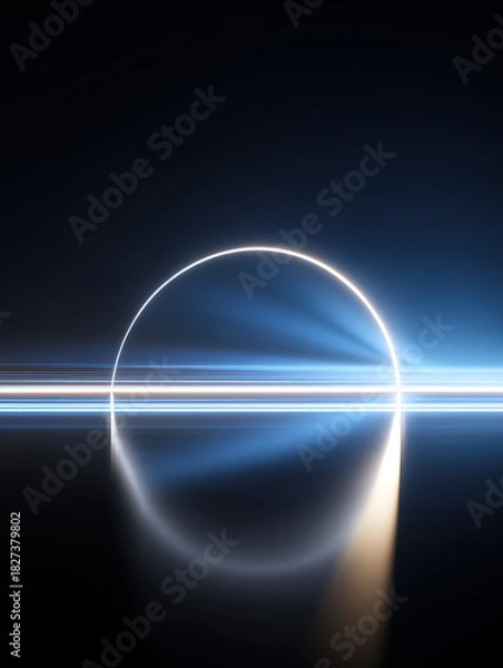 Fototapeta Illuminated rings and smooth, reflective ground against a blue abstract technological background