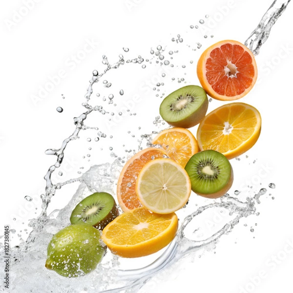 Obraz Fresh Citrus & Kiwi Water Splash on transparent background
