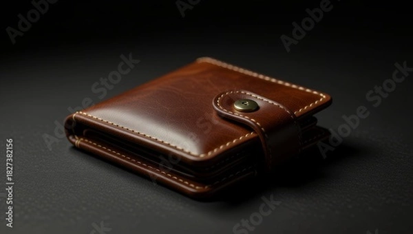 Fototapeta Brown leather wallet with snap button on dark surface
