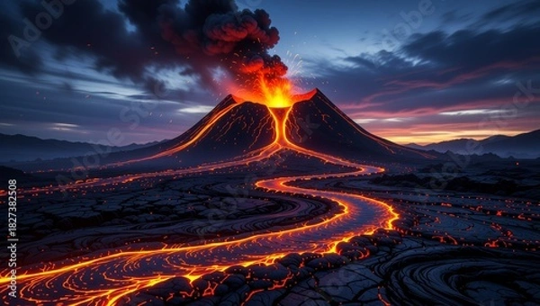 Obraz Volcano eruption with lava flows at twilight
