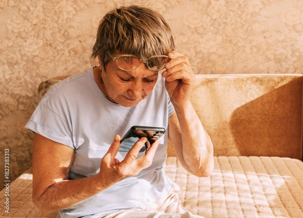 Obraz An elderly woman wearing glasses was intently immersed in her smartphone while sitting on a sofa in a sun-drenched. Digital Phone Addiction in Older Women, Screen Time Overload, and Modern Technology
