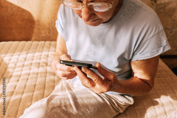 Fototapeta An elderly woman wearing glasses was intently immersed in her smartphone while sitting on a sofa in a sun-drenched. Digital Phone Addiction in Older Women, Screen Time Overload, and Modern Technology