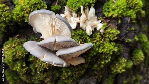 Fototapeta Completely natural and healthy oyster mushrooms growing on spruce trees in the forest