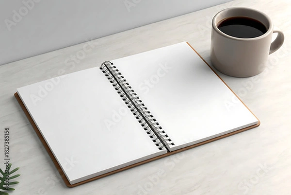 Obraz Open spiral notebook and coffee mug on a table