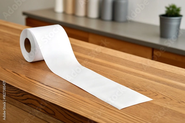 Fototapeta Unrolled white toilet paper on a wooden surface with blurred background