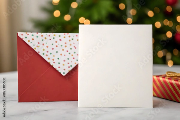 Fototapeta Blank christmas card and red envelope with festive bokeh background