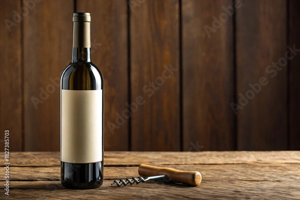 Fototapeta Dark glass wine bottle with blank label and corkscrew on rustic wooden surface