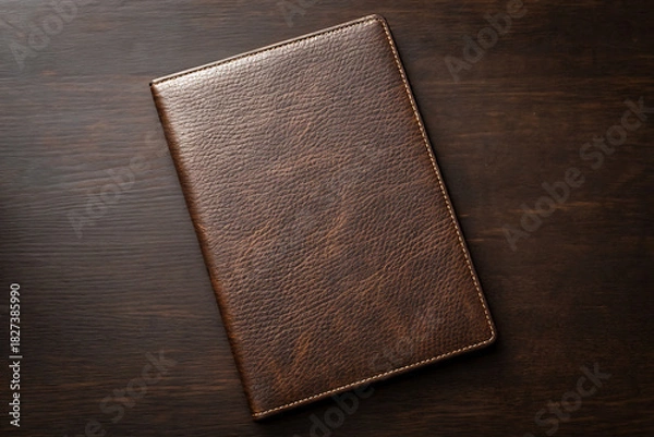 Obraz Elegant brown embossed leather journal or notebook on dark wooden surface