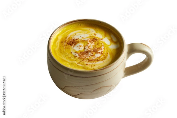 Fototapeta Warm golden turmeric latte in a rustic mug isolated on transparent background