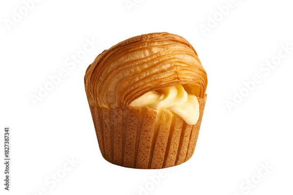 Fototapeta Golden brown muffin with cream filling isolated on transparent background