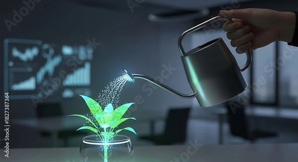 Fototapeta Nurturing Growth: Visualizing Investment in Plant Life within a Modern Office Setting with Data Visuals in the Background.