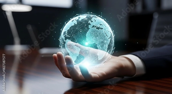 Fototapeta Person Holding Digital Globe: Global Connections and Future Technologies in the Palm of Hand
