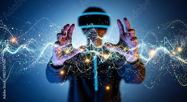 Fototapeta Person Experiencing Virtual Reality with Glowing Particle Effects, Exploring Digital Frontier with Futuristic Headset, Immersive Tech Experience.