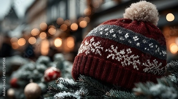 Fototapeta A red knitted hat with patterns of white snowflakes and a beige pompom rests on the snow-covered branches of an evergreen plant, probably a Christmas tree.