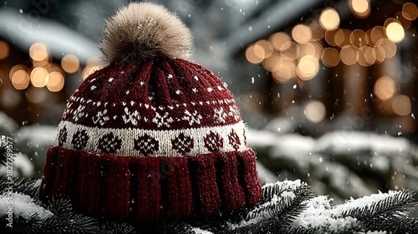 Fototapeta Santa's hat is lying on the branches of the Christmas tree