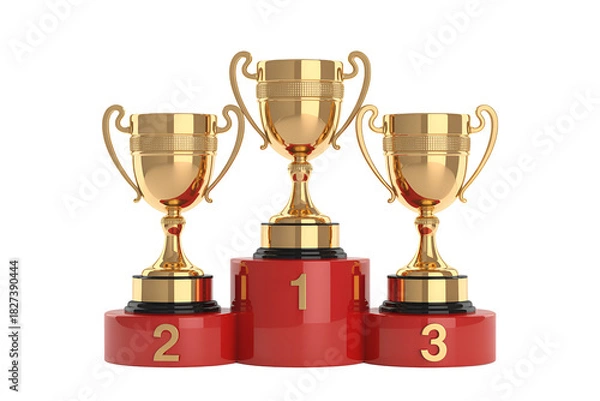Fototapeta Three golden trophies on a red podium isolated on transparent background