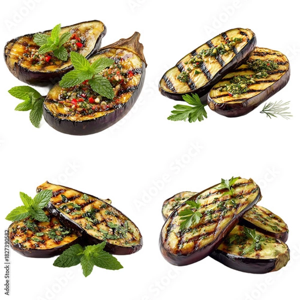 Obraz Grilled eggplant with herb isolated on with white background