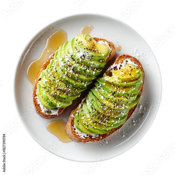 Obraz Honey Yogurt Avocado Toast, on white plate, top view with transparent isolated on with white background(4)