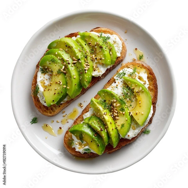 Obraz Honey Yogurt Avocado Toast, on white plate, top view with transparent isolated on with white background(6)