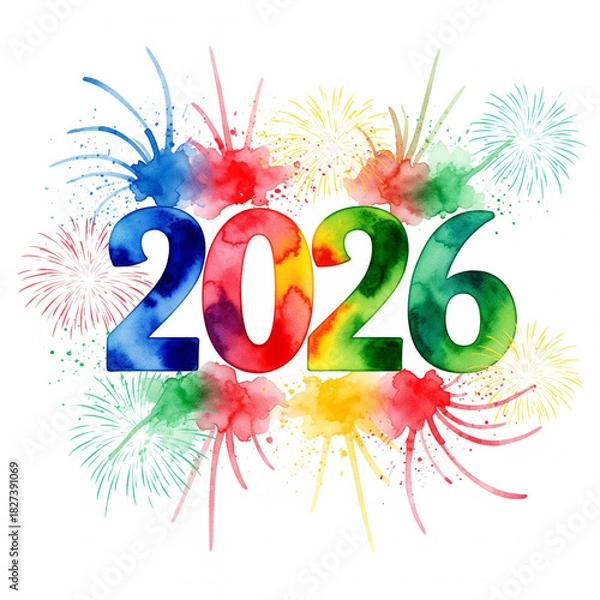 Obraz Vibrant watercolor illustration of the year 2026, bursting with colorful fireworks and paint splashes, symbolizing new beginnings and festive celebrations
