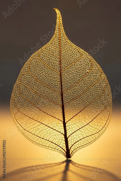 Fototapeta Golden Leaf Skeleton Macro with Transparent Veins and Warm Backlight