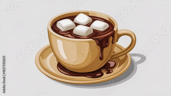 Fototapeta A warm cup of hot chocolate topped with four fluffy marshmallows isolated on white background