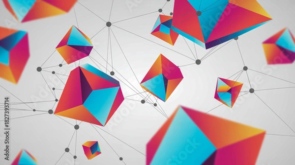 Fototapeta Abstract background with colorful geometric polyhedrons connected by a network of lines