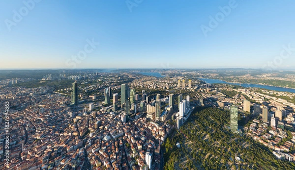 Obraz Istanbul, Turkey. Panoramic aerial drone view of European part city skyline with modern skyscrapers and Bosphorus Strait at sunset, clear sky. Aerial view