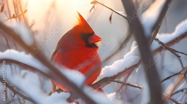 Obraz Red Cardinal Waiting Among Snow-Covered Branches