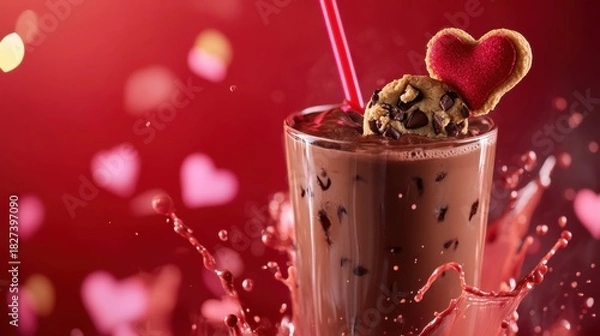 Fototapeta A delightful chocolate milkshake adorned with a heartshaped cookie, perfect for valentines day, set against a romantic red backdrop with hearts