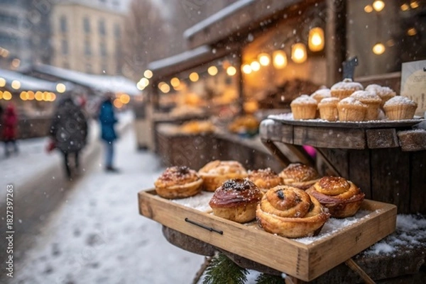 Obraz Fresh pastries on a rustic tray at a snowy winter market