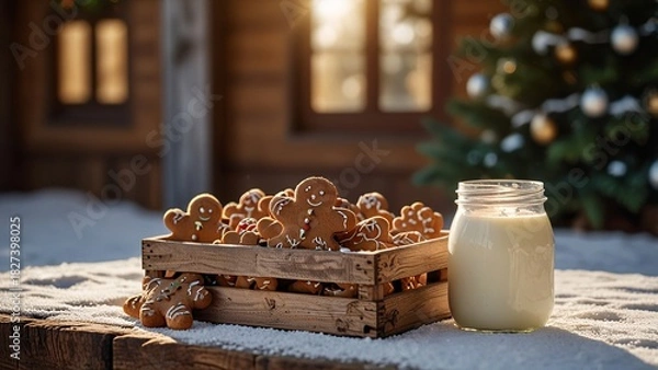 Fototapeta A wooden crate with gingerbread cookies and bottle of milk with Christmas tree families
