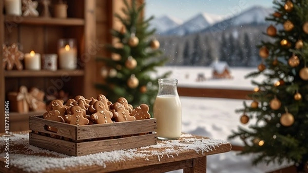 Obraz A wooden crate with gingerbread cookies and bottle of milk with Christmas tree families